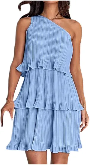 HGps8w One Shoulder Dresses for Women Summer Sleeveless Ruffle Tiered Layered Chiffon Flowy A Line Mini Dress for Party
