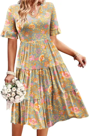 IN'VOLAND Plus Size Boho Dresses for Women Midi A Line Dresses Loose Fit Swing Floral Beach Tropical Print Dress