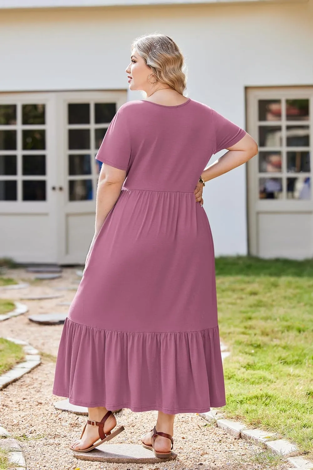 IN'VOLAND Women Plus Size Short Sleeve Dress Loose Plain Casual Summer Flowy Tiered Long Maxi Dresses with Pockets