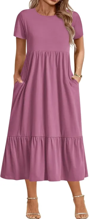 IN'VOLAND Women Plus Size Short Sleeve Dress Loose Plain Casual Summer Flowy Tiered Long Maxi Dresses with Pockets