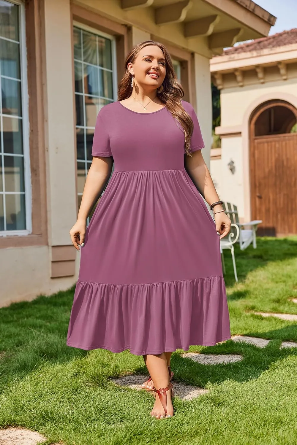 IN'VOLAND Women Plus Size Short Sleeve Dress Loose Plain Casual Summer Flowy Tiered Long Maxi Dresses with Pockets