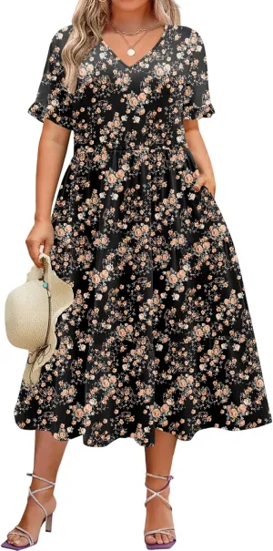 IN'VOLAND Womens Plus Size Short Sleeve Dress Summer Midi Casual Tiered V-Neck Aline Flowy Loose Dresses with Pockets