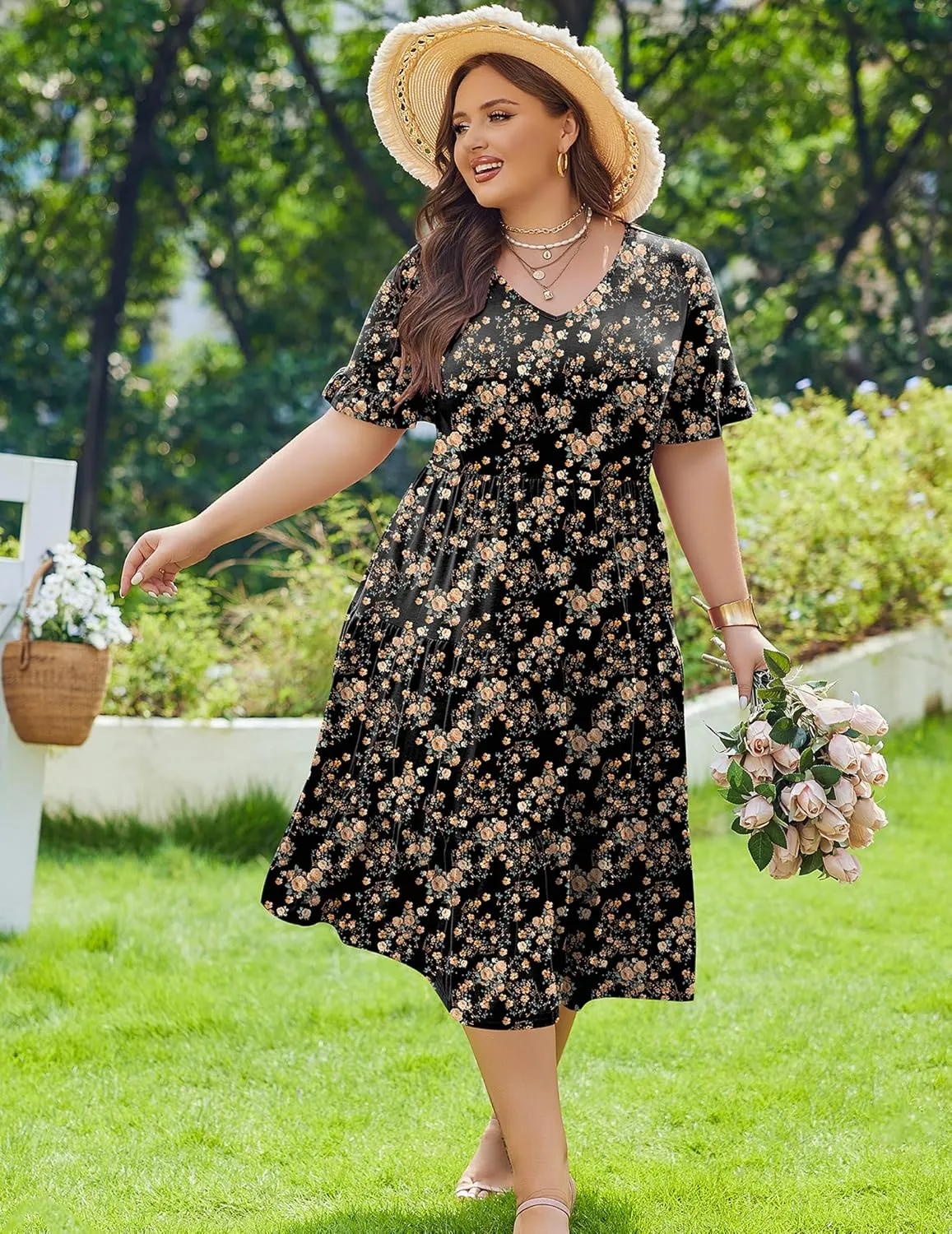 IN'VOLAND Womens Plus Size Short Sleeve Dress Summer Midi Casual Tiered V-Neck Aline Flowy Loose Dresses with Pockets