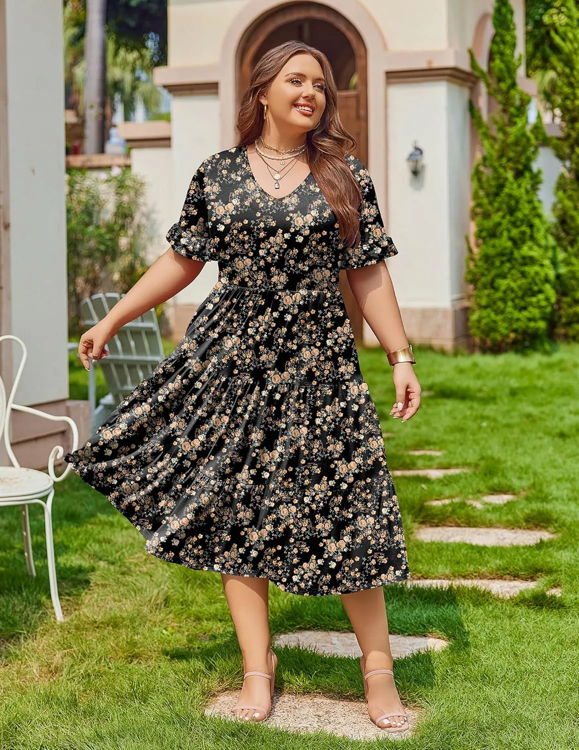 IN'VOLAND Womens Plus Size Short Sleeve Dress Summer Midi Casual Tiered V-Neck Aline Flowy Loose Dresses with Pockets
