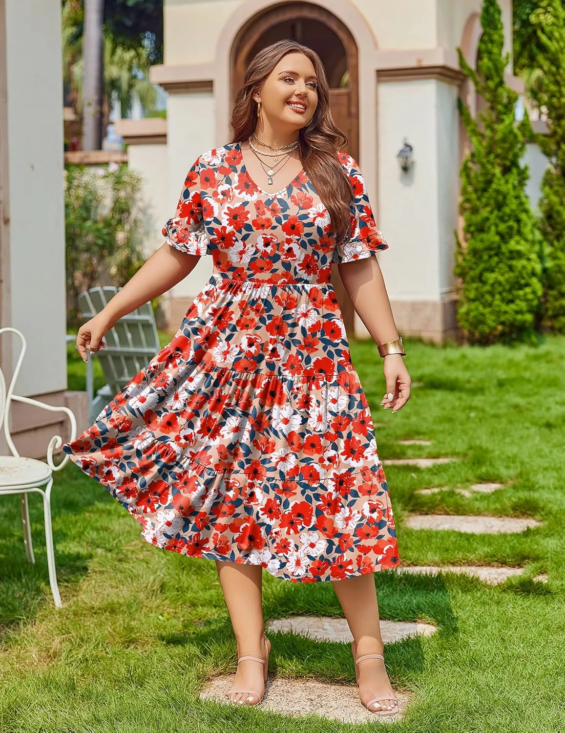 IN'VOLAND Womens Plus Size Short Sleeve Dress Summer Midi Casual Tiered V-Neck Aline Flowy Loose Dresses with Pockets