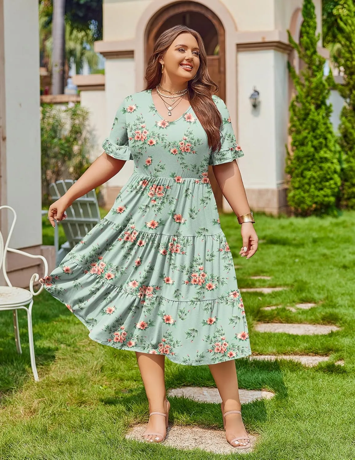 IN'VOLAND Womens Plus Size Short Sleeve Dress Summer Midi Casual Tiered V-Neck Aline Flowy Loose Dresses with Pockets