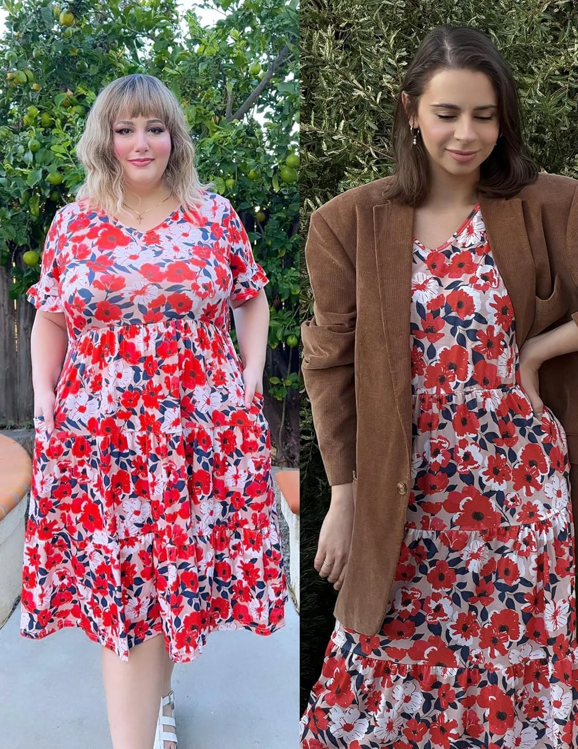 IN'VOLAND Womens Plus Size Short Sleeve Dress Summer Midi Casual Tiered V-Neck Aline Flowy Loose Dresses with Pockets