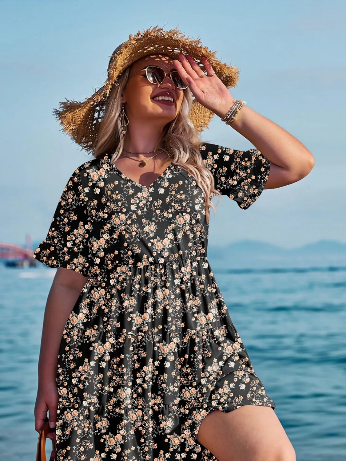 IN'VOLAND Womens Plus Size Short Sleeve Dress Summer Midi Casual Tiered V-Neck Aline Flowy Loose Dresses with Pockets