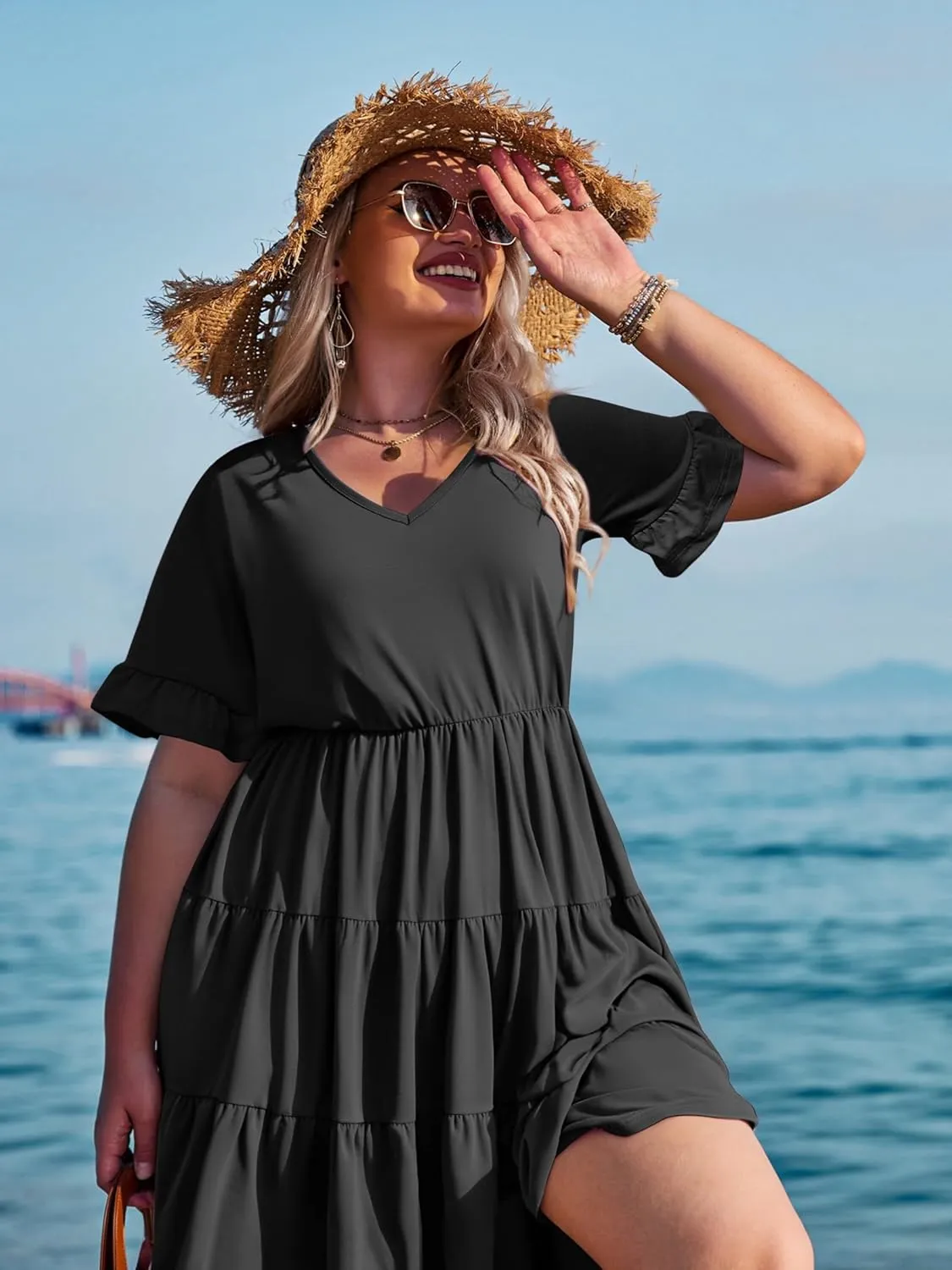 IN'VOLAND Womens Plus Size Short Sleeve Dress Summer Midi Casual Tiered V-Neck Aline Flowy Loose Dresses with Pockets