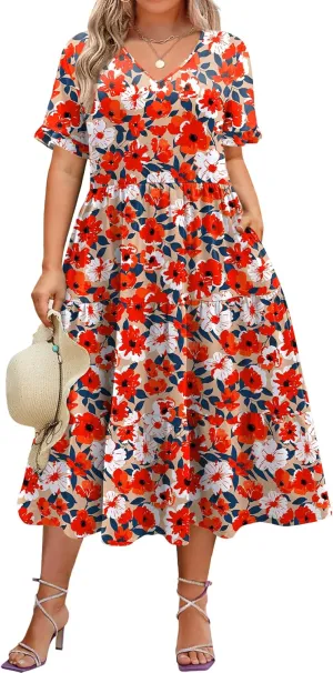 IN'VOLAND Womens Plus Size Short Sleeve Dress Summer Midi Casual Tiered V-Neck Aline Flowy Loose Dresses with Pockets