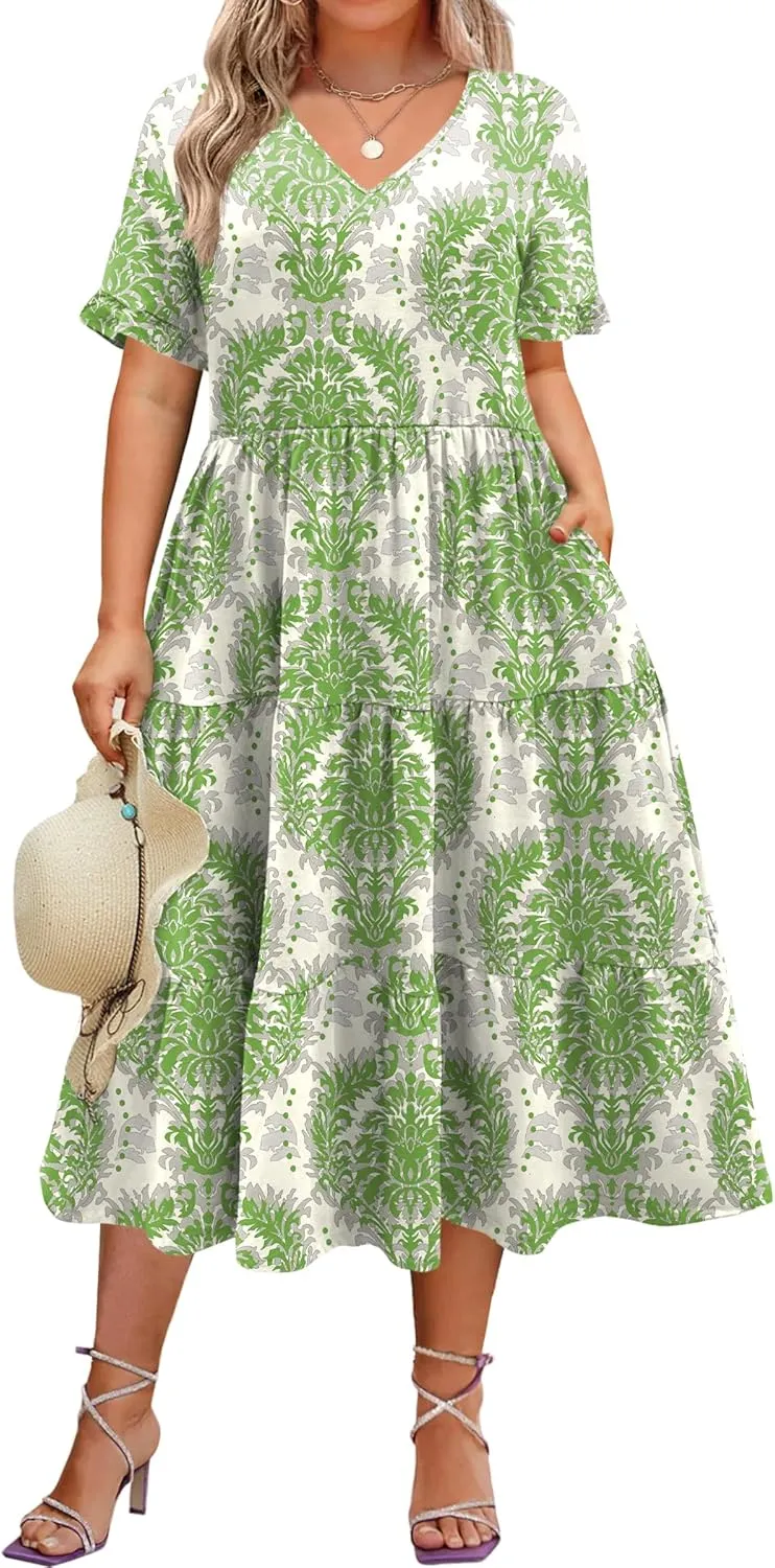 IN'VOLAND Womens Plus Size Short Sleeve Dress Summer Midi Casual Tiered V-Neck Aline Flowy Loose Dresses with Pockets