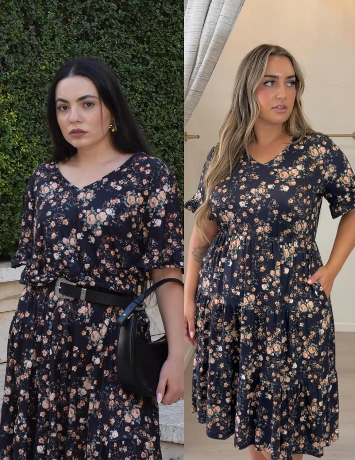 IN'VOLAND Womens Plus Size Short Sleeve Dress Summer Midi Casual Tiered V-Neck Aline Flowy Loose Dresses with Pockets