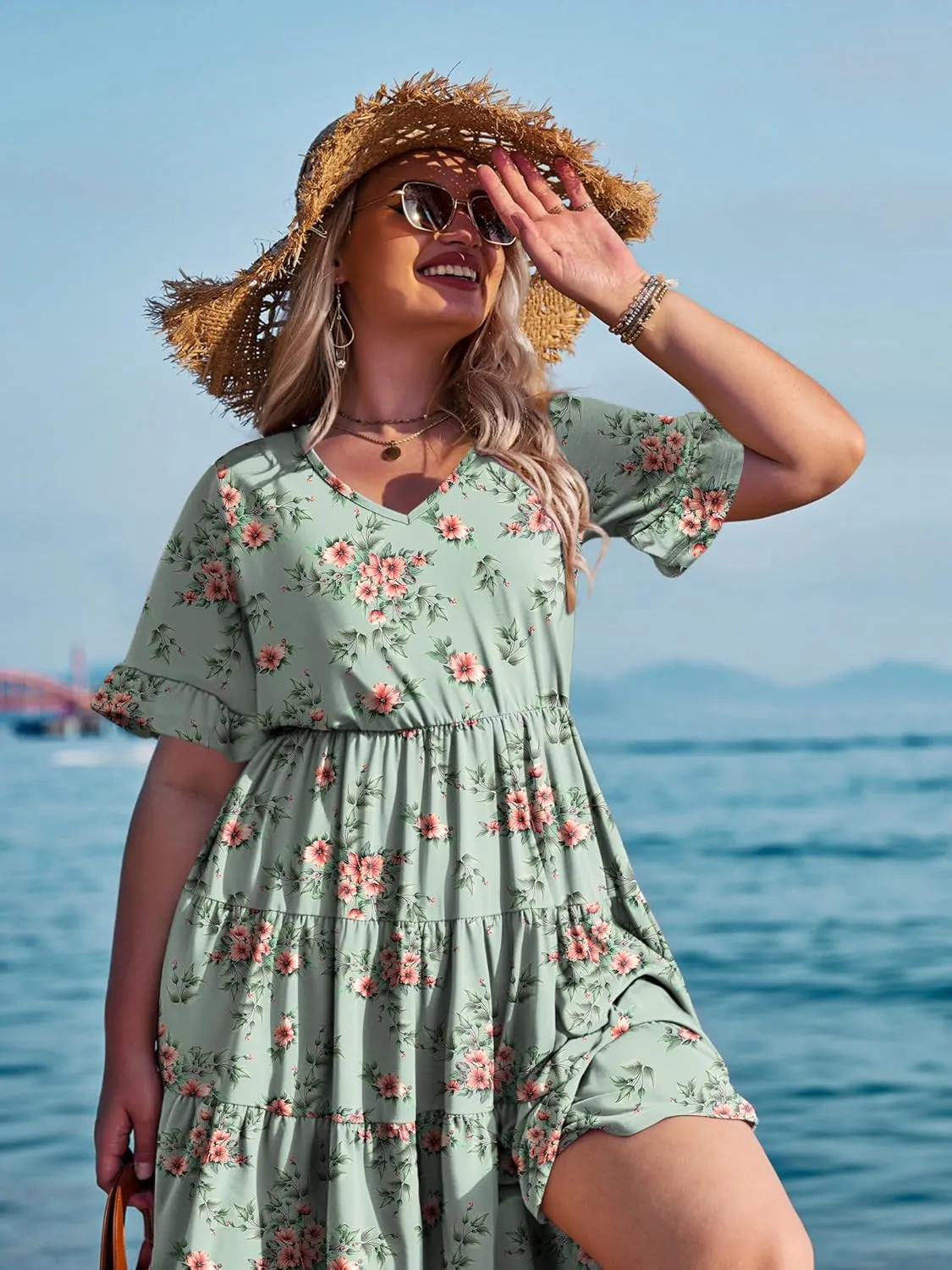 IN'VOLAND Womens Plus Size Short Sleeve Dress Summer Midi Casual Tiered V-Neck Aline Flowy Loose Dresses with Pockets