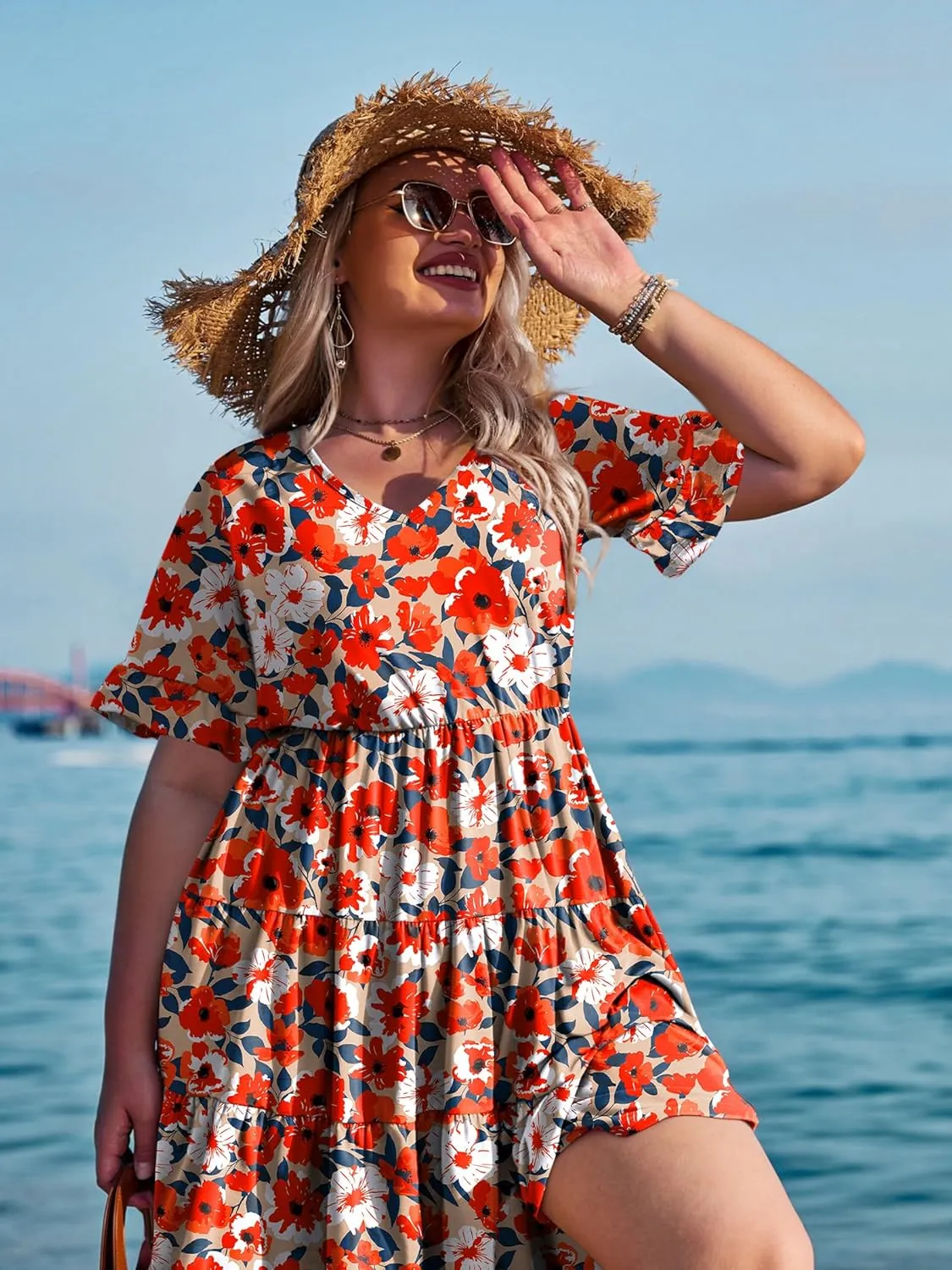 IN'VOLAND Womens Plus Size Short Sleeve Dress Summer Midi Casual Tiered V-Neck Aline Flowy Loose Dresses with Pockets