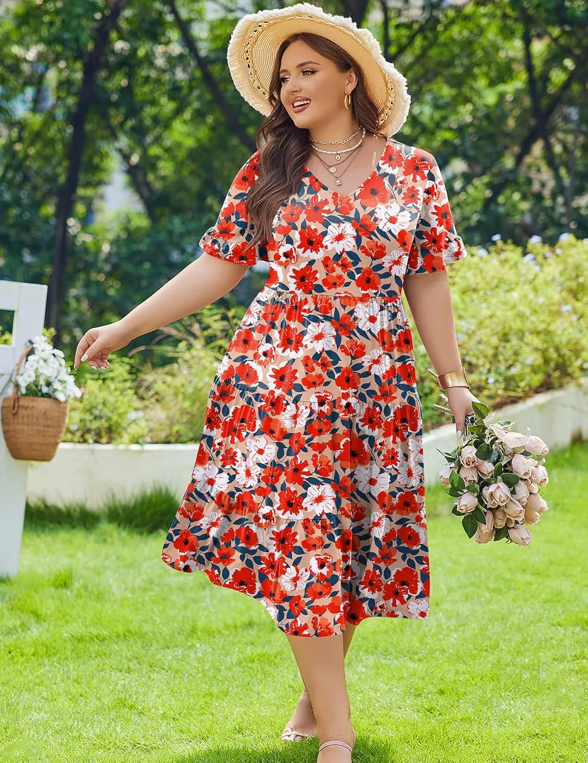 IN'VOLAND Womens Plus Size Short Sleeve Dress Summer Midi Casual Tiered V-Neck Aline Flowy Loose Dresses with Pockets
