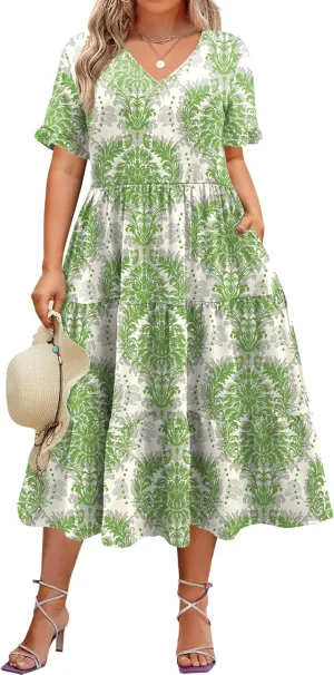 IN'VOLAND Womens Plus Size Short Sleeve Dress Summer Midi Casual Tiered V-Neck Aline Flowy Loose Dresses with Pockets