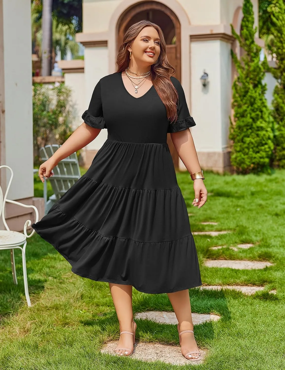 IN'VOLAND Womens Plus Size Short Sleeve Dress Summer Midi Casual Tiered V-Neck Aline Flowy Loose Dresses with Pockets