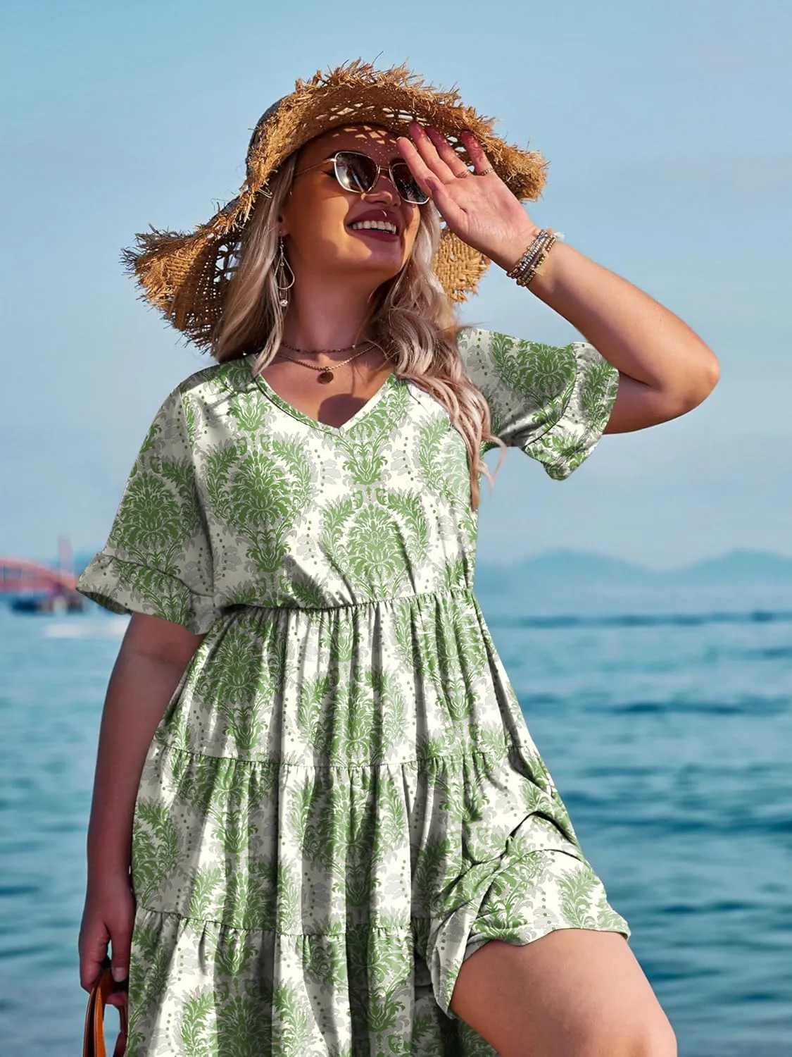 IN'VOLAND Womens Plus Size Short Sleeve Dress Summer Midi Casual Tiered V-Neck Aline Flowy Loose Dresses with Pockets
