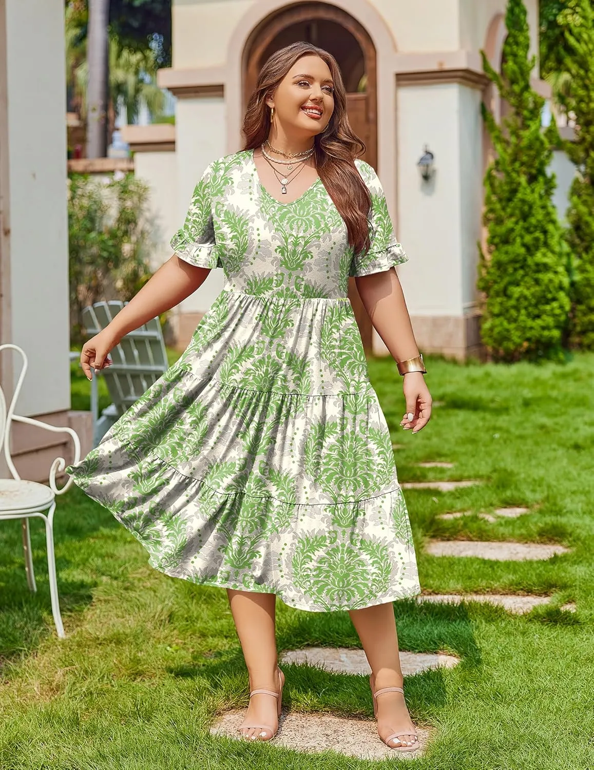 IN'VOLAND Womens Plus Size Short Sleeve Dress Summer Midi Casual Tiered V-Neck Aline Flowy Loose Dresses with Pockets