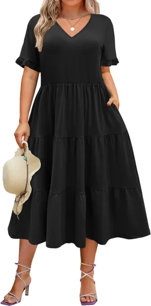 IN'VOLAND Womens Plus Size Short Sleeve Dress Summer Midi Casual Tiered V-Neck Aline Flowy Loose Dresses with Pockets