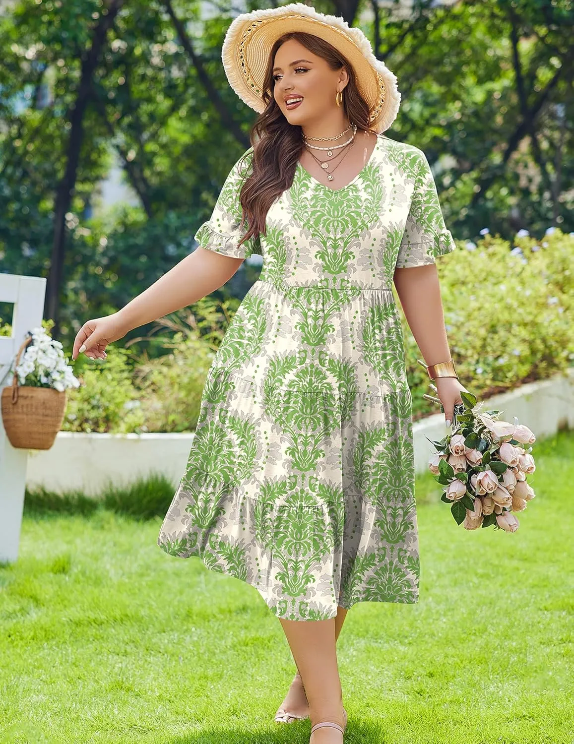 IN'VOLAND Womens Plus Size Short Sleeve Dress Summer Midi Casual Tiered V-Neck Aline Flowy Loose Dresses with Pockets