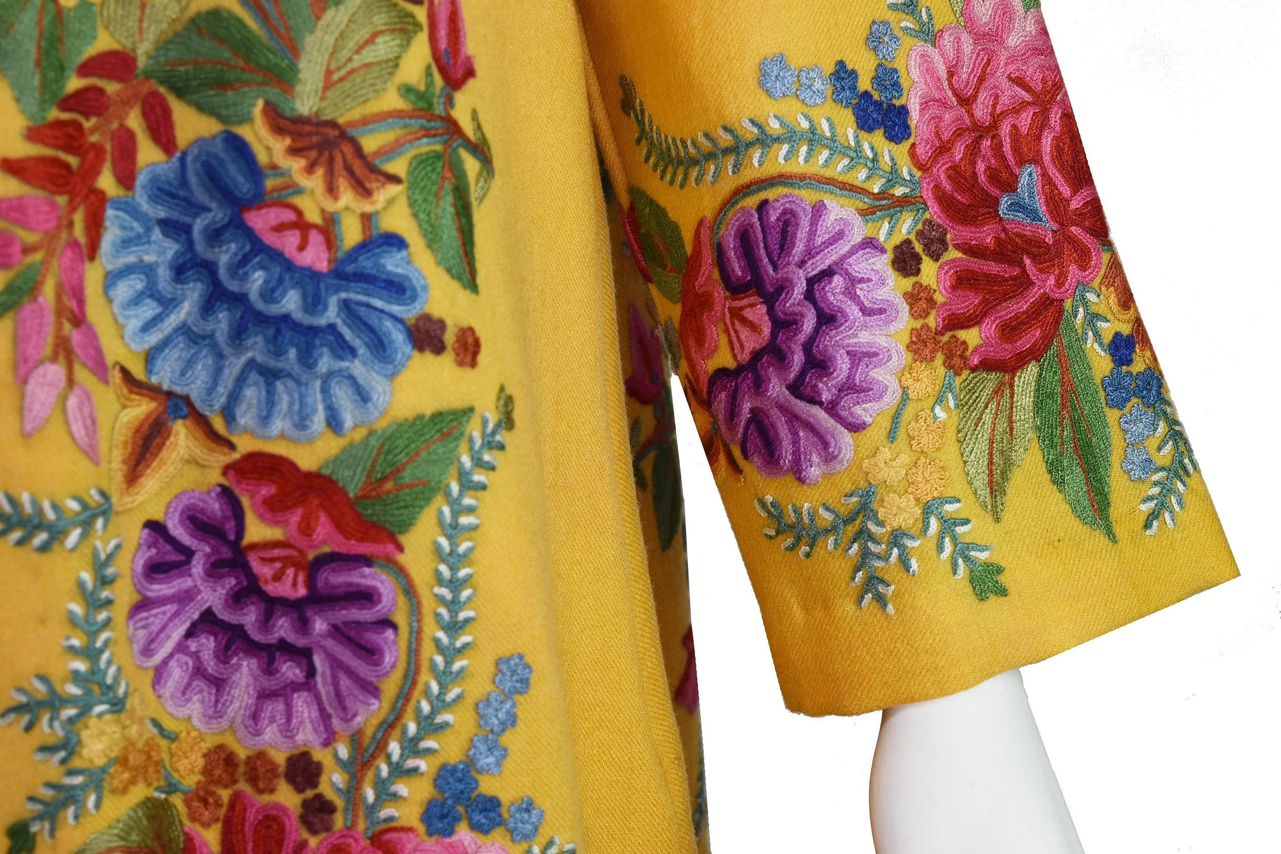 Irene Floral Cashmere Jacket Dinner Yellow Gold Evening Dress Coat Hand Embroidered Kashmir