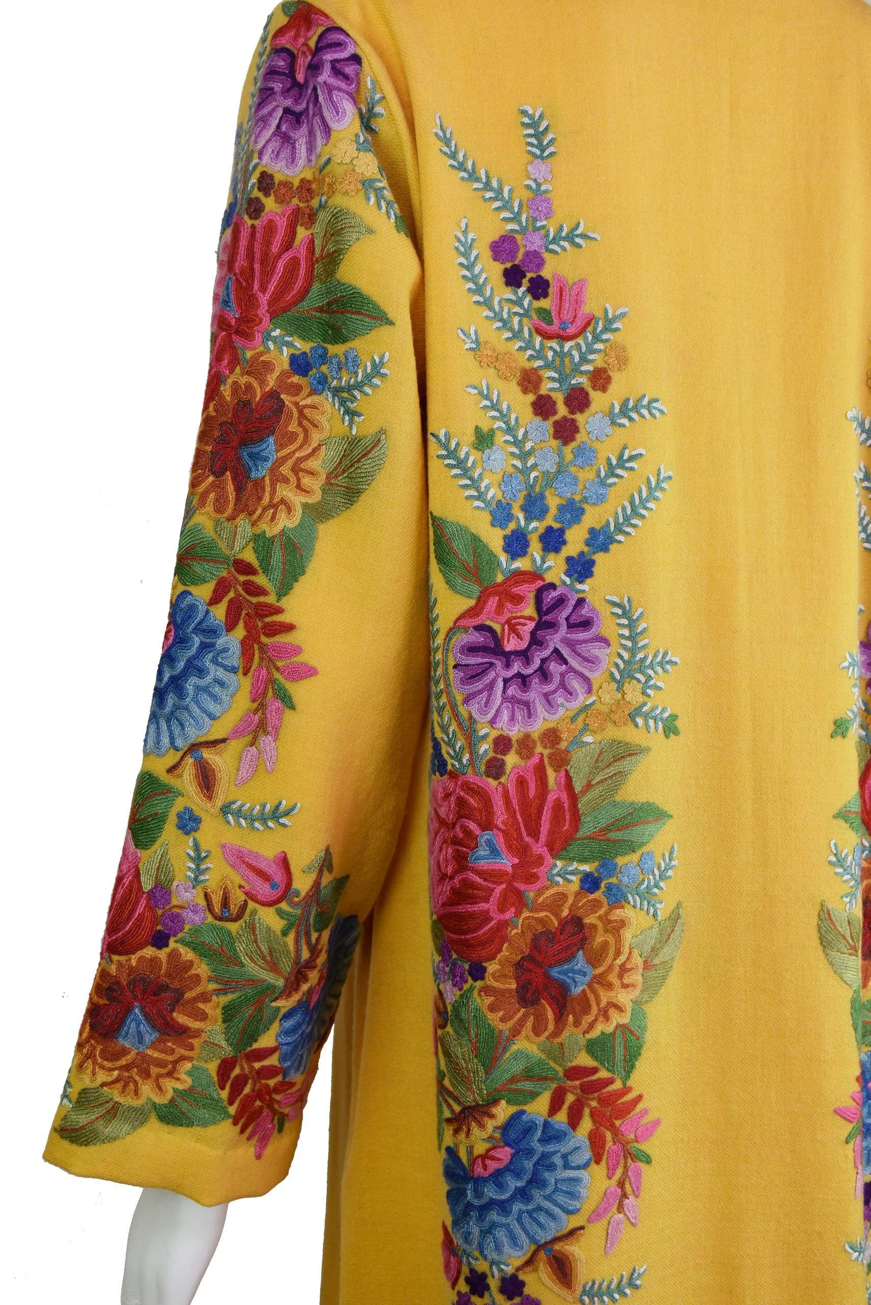Irene Floral Cashmere Jacket Dinner Yellow Gold Evening Dress Coat Hand Embroidered Kashmir