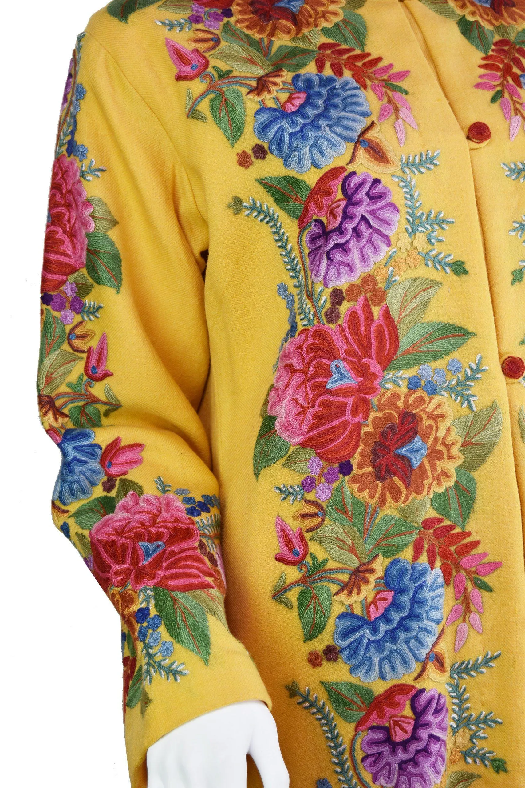Irene Floral Cashmere Jacket Dinner Yellow Gold Evening Dress Coat Hand Embroidered Kashmir