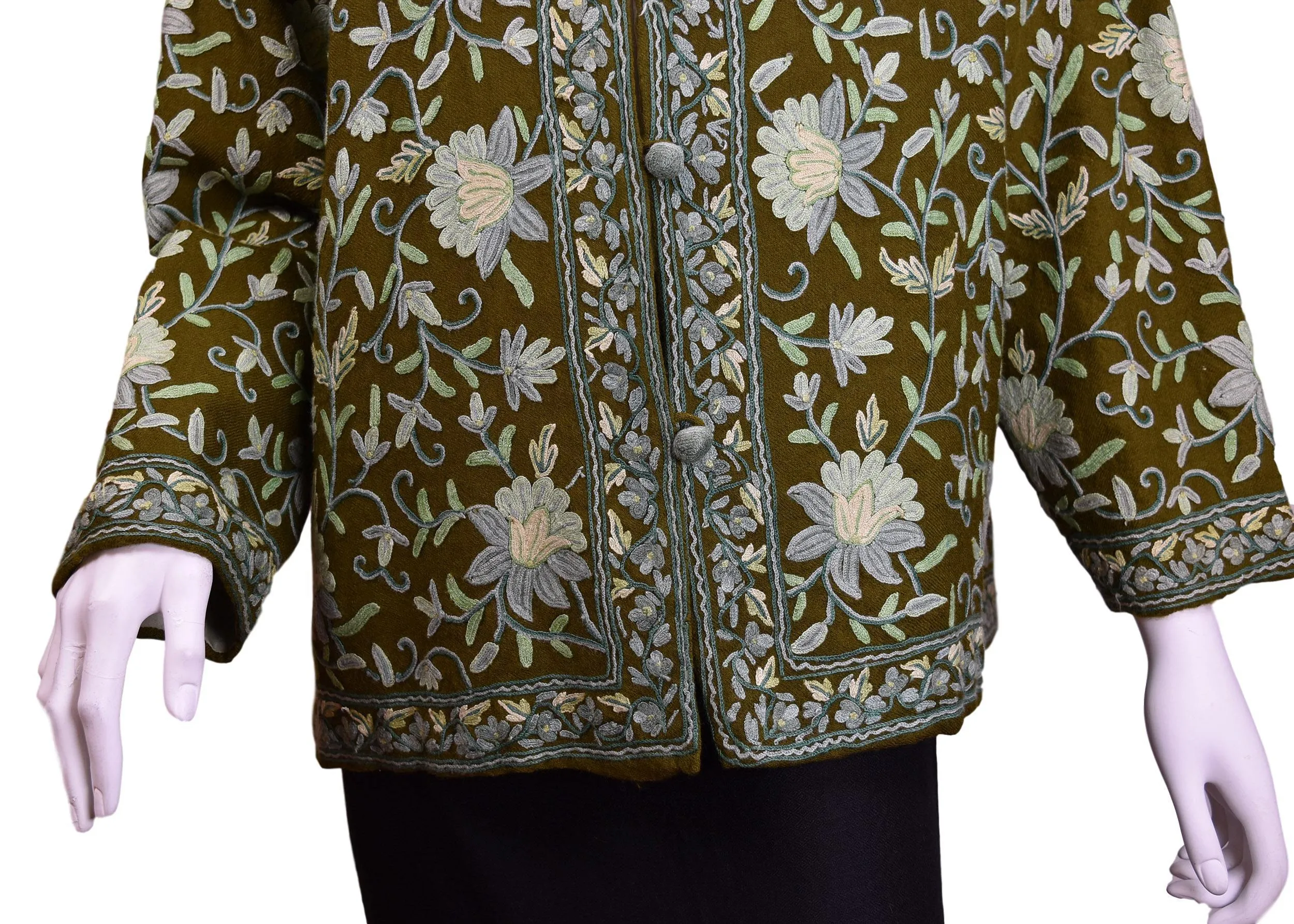 Irene Green Jacket Dinner Cashmere Evening Dress Coat Floral Hand Embroidered Kashmir