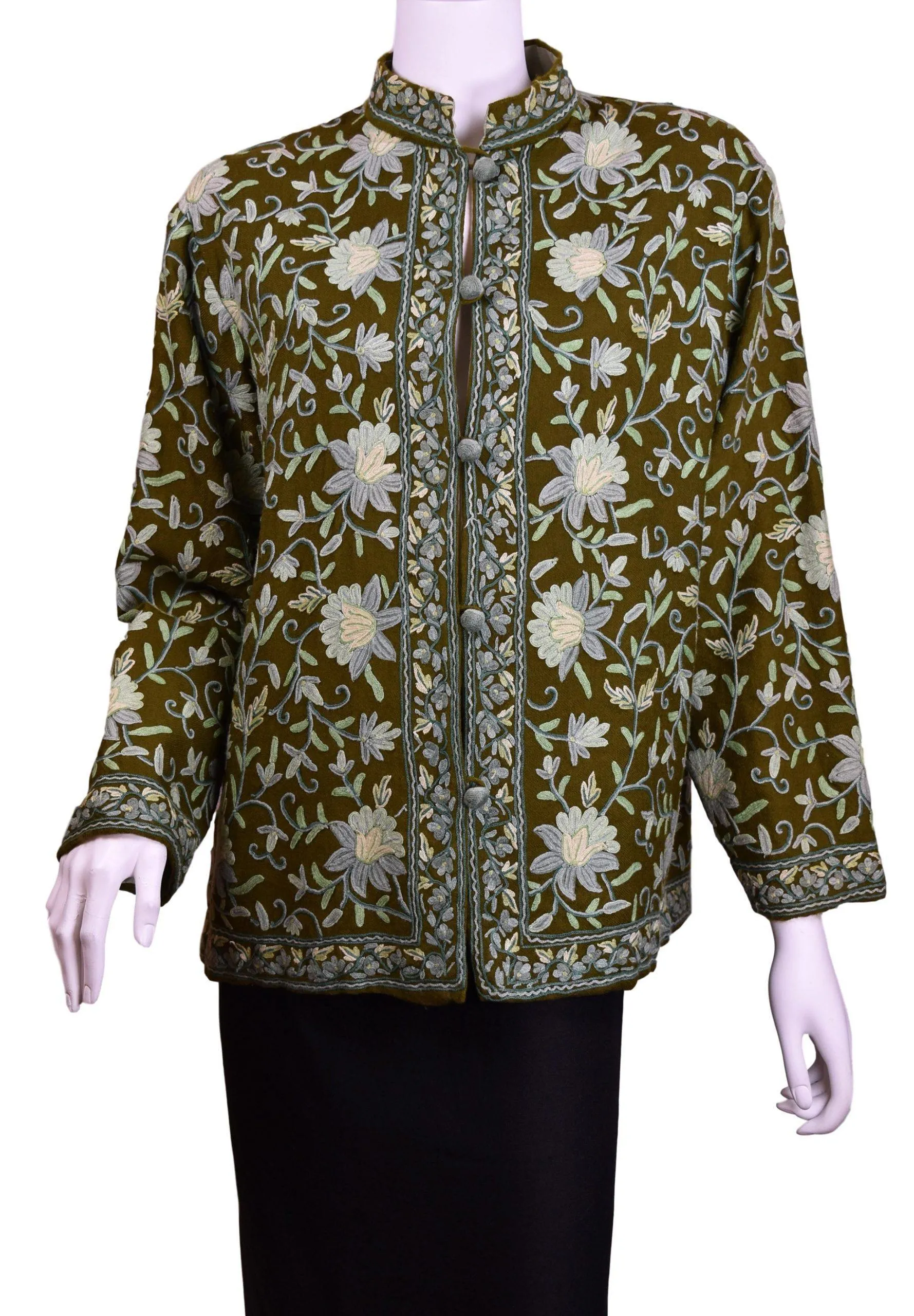 Irene Green Jacket Dinner Cashmere Evening Dress Coat Floral Hand Embroidered Kashmir