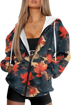 Irisjudy Roaring Tiger Women Casual Full Zip Up Hoodie Native Tribal Oversized Hoodies Purple Skull Y2K Relaxed Sweatshirts