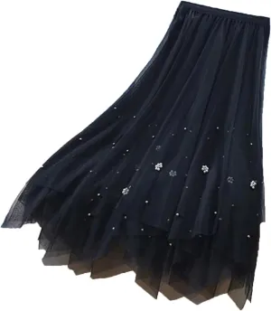 Irregular Tulle Midi Skirt Women Vintage Elegant Beading Mesh Pleated Skirts Korean Casual A Line Skirts
