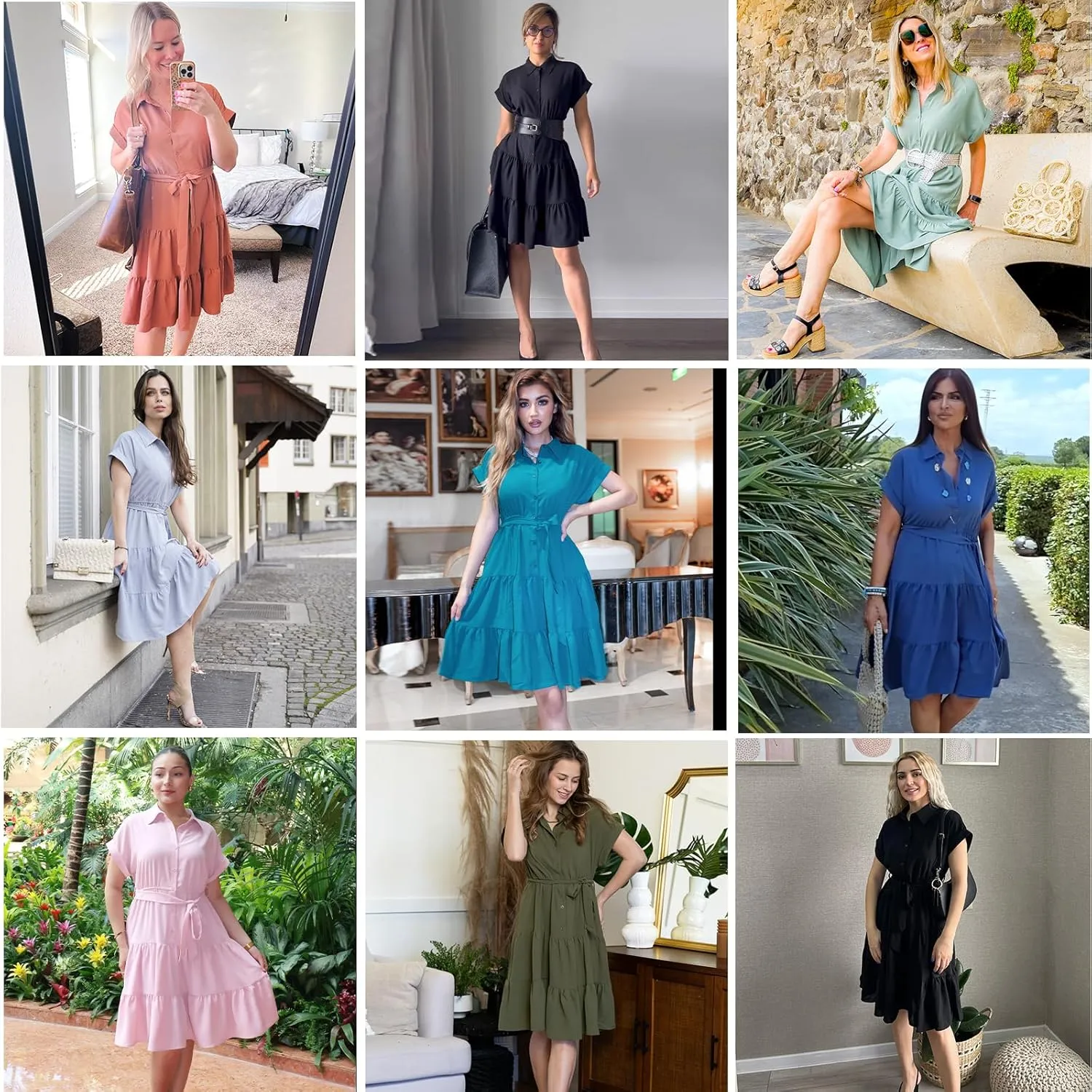 JASAMBAC Women's Button Down Shirt Dress 2025 Casual Work Summer Collared V Neck Elastic Waist Flowy Pocket Beach Sundress