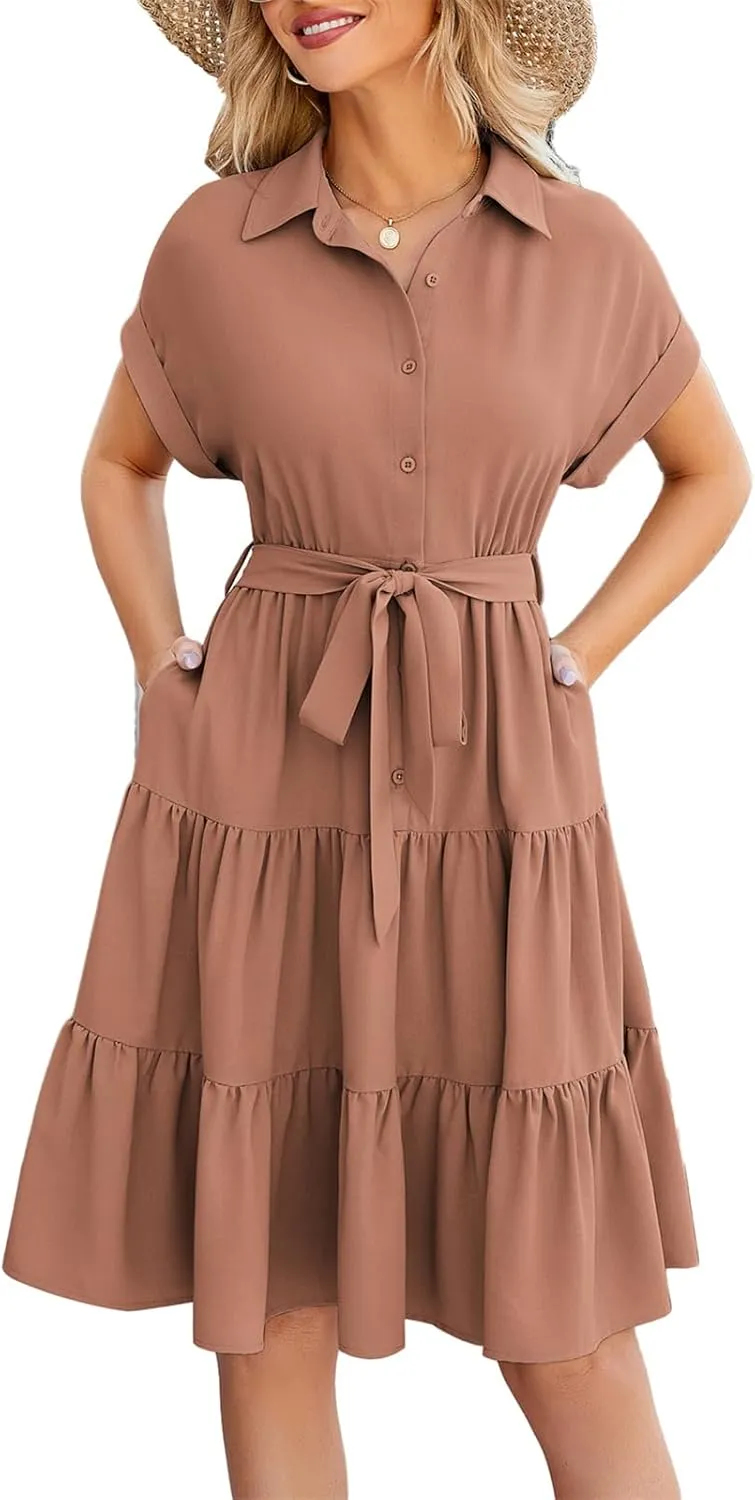JASAMBAC Women's Button Down Shirt Dress 2025 Casual Work Summer Collared V Neck Elastic Waist Flowy Pocket Beach Sundress