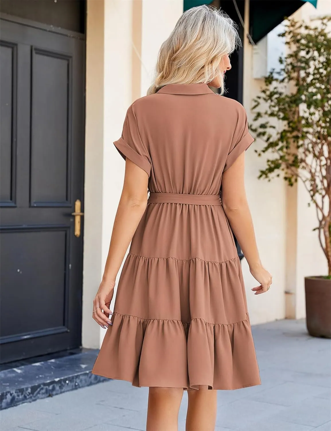 JASAMBAC Women's Button Down Shirt Dress 2025 Casual Work Summer Collared V Neck Elastic Waist Flowy Pocket Beach Sundress