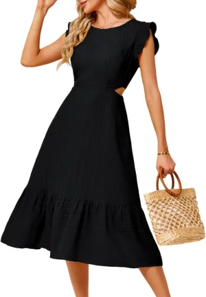 JASAMBAC Women's Summer Casual Tiered Dress Flutter Short Sleeve Dresses Elegant Flowy A Line Cut Out Boho Wedding Midi Dress