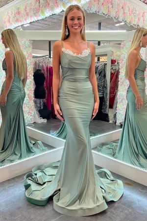 Jayleen | Mermaid Spaghetti Straps Green Long Prom Dress with Lace