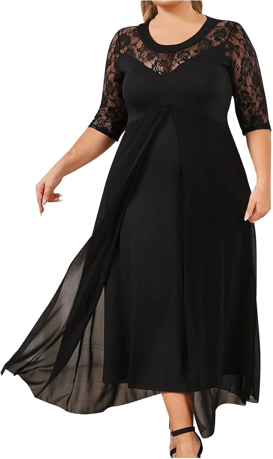 JOAU Plus Size Dresses for Wedding Guest Formal Cocktail Chiffon Wrap V Neck Dress Ruffle Short Sleeve Layered Midi Dresses