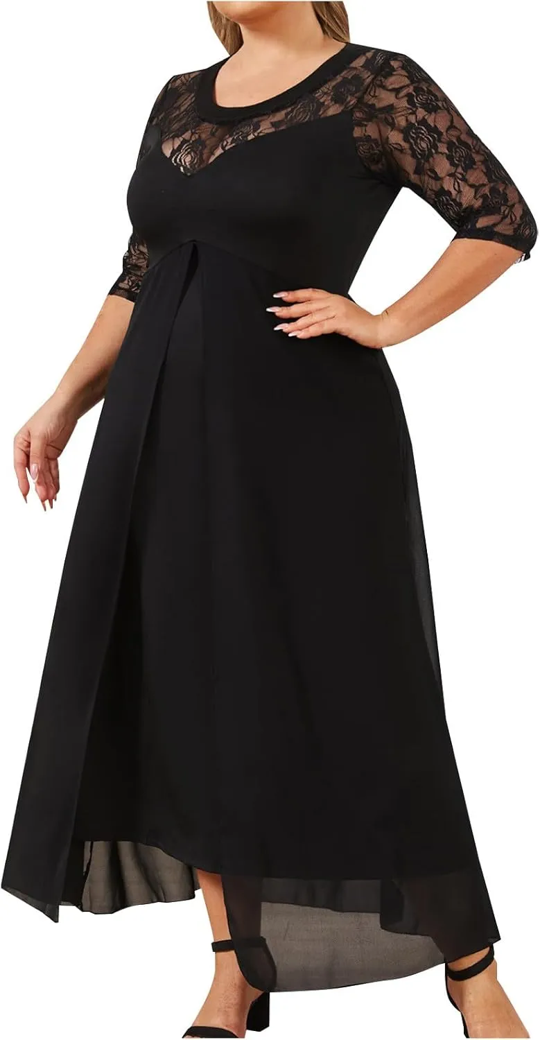 JOAU Plus Size Dresses for Wedding Guest Formal Cocktail Chiffon Wrap V Neck Dress Ruffle Short Sleeve Layered Midi Dresses