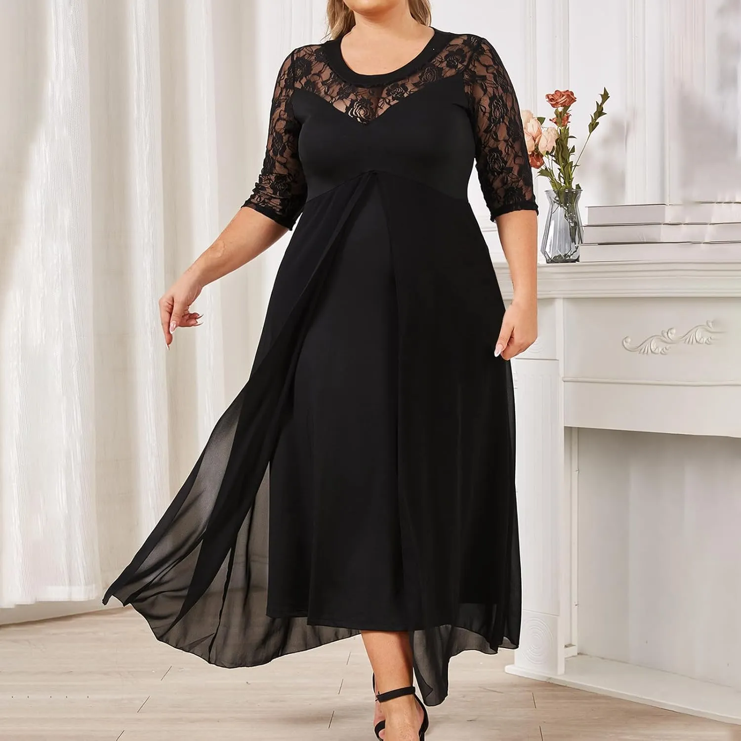 JOAU Plus Size Dresses for Wedding Guest Formal Cocktail Chiffon Wrap V Neck Dress Ruffle Short Sleeve Layered Midi Dresses