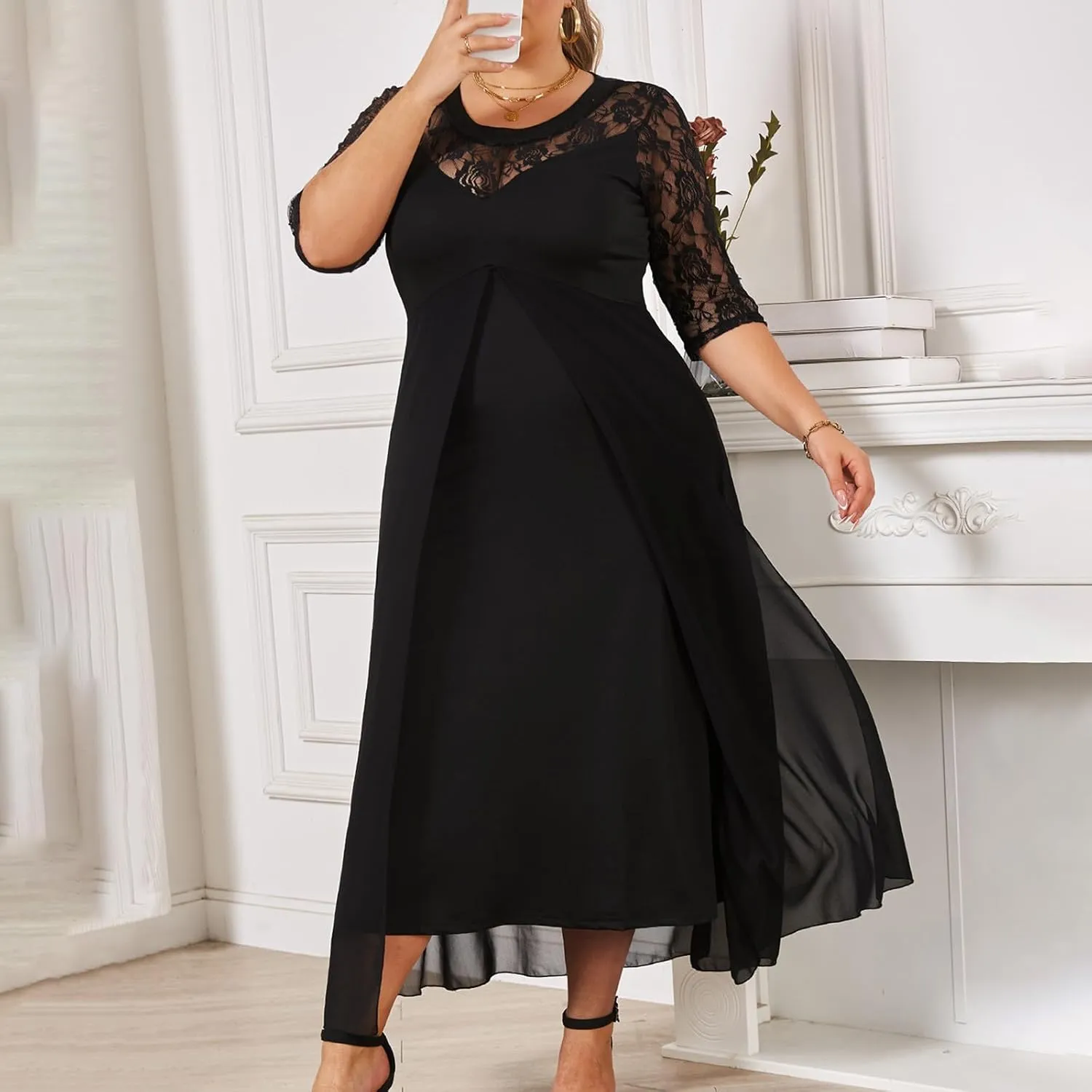 JOAU Plus Size Dresses for Wedding Guest Formal Cocktail Chiffon Wrap V Neck Dress Ruffle Short Sleeve Layered Midi Dresses