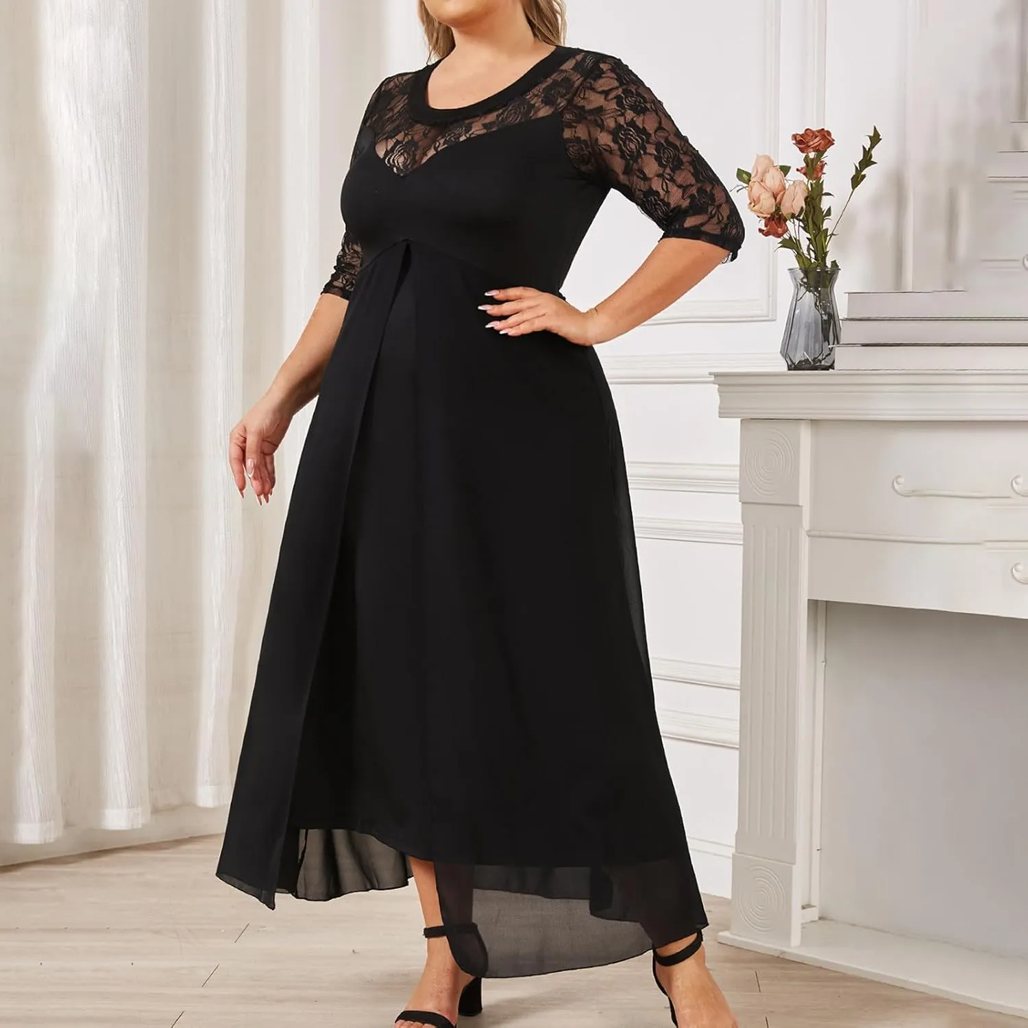 JOAU Plus Size Dresses for Wedding Guest Formal Cocktail Chiffon Wrap V Neck Dress Ruffle Short Sleeve Layered Midi Dresses