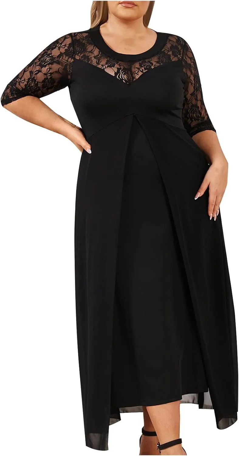 JOAU Plus Size Dresses for Wedding Guest Formal Cocktail Chiffon Wrap V Neck Dress Ruffle Short Sleeve Layered Midi Dresses