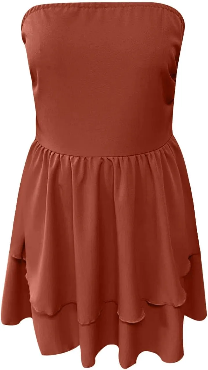 JOAU Women's Sexy Strapless Mini Dress Summer Sleeveless Layered Ruffle A-Line Short Dresses Casual Club Party Tube Top Dress