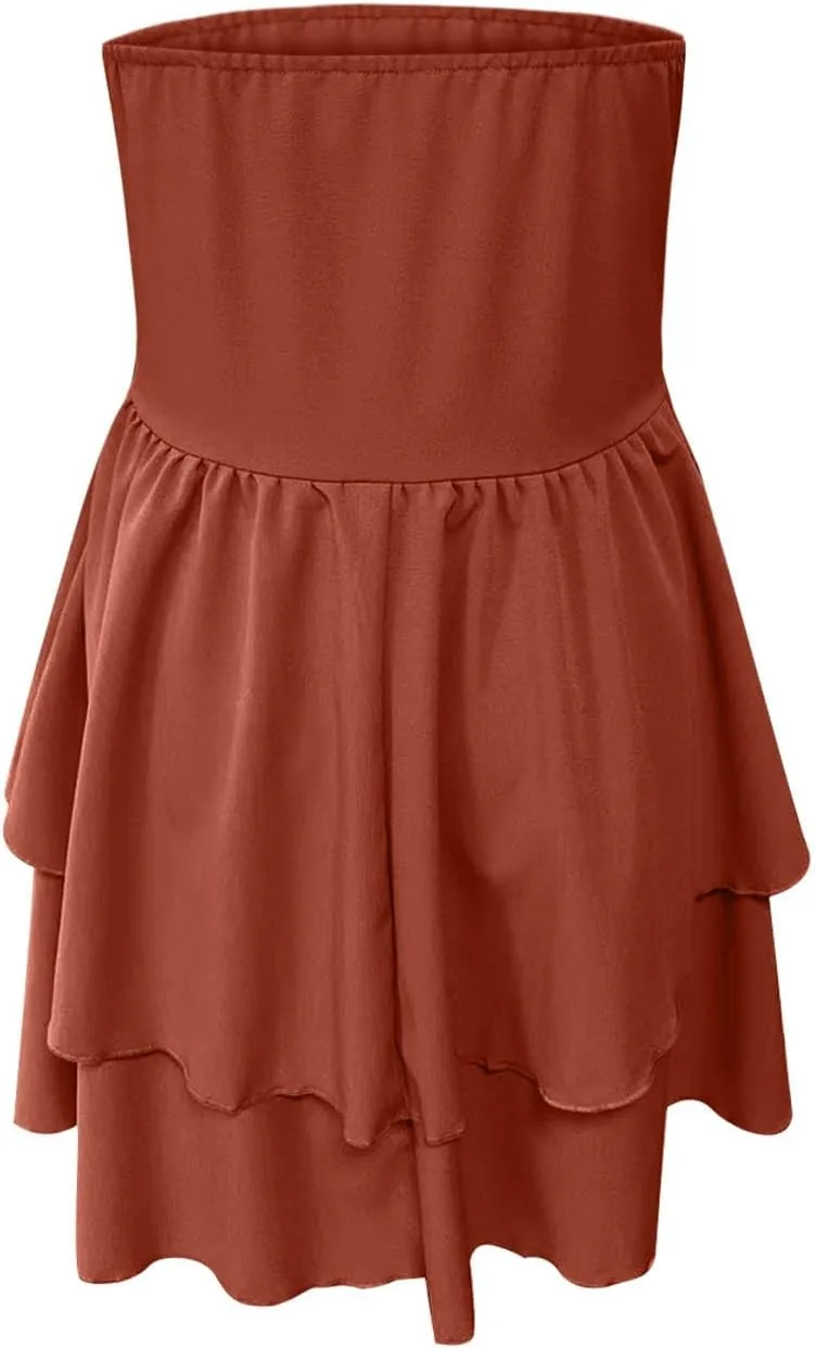 JOAU Women's Sexy Strapless Mini Dress Summer Sleeveless Layered Ruffle A-Line Short Dresses Casual Club Party Tube Top Dress