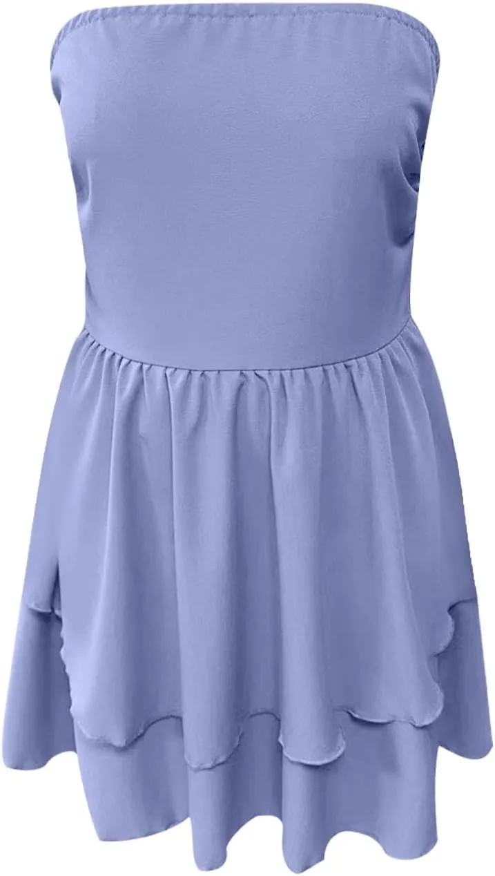 JOAU Women's Sexy Strapless Mini Dress Summer Sleeveless Layered Ruffle A-Line Short Dresses Casual Club Party Tube Top Dress