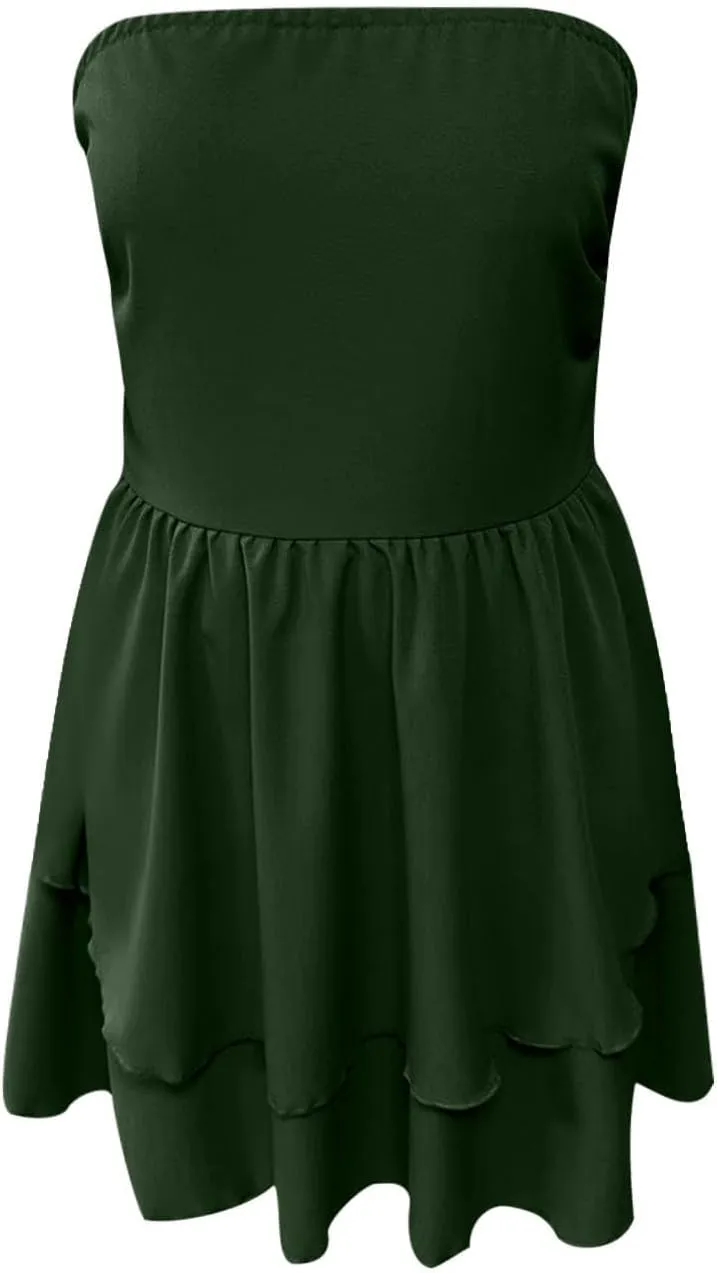 JOAU Women's Sexy Strapless Mini Dress Summer Sleeveless Layered Ruffle A-Line Short Dresses Casual Club Party Tube Top Dress