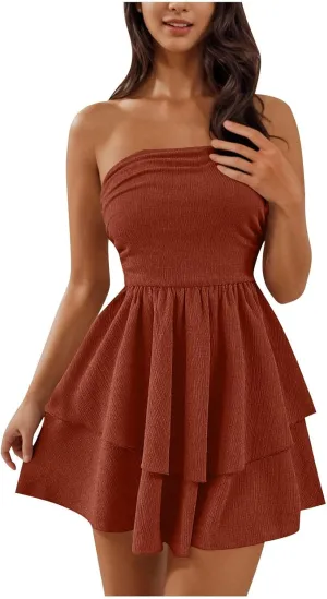 JOAU Women's Sexy Strapless Mini Dress Summer Sleeveless Layered Ruffle A-Line Short Dresses Casual Club Party Tube Top Dress