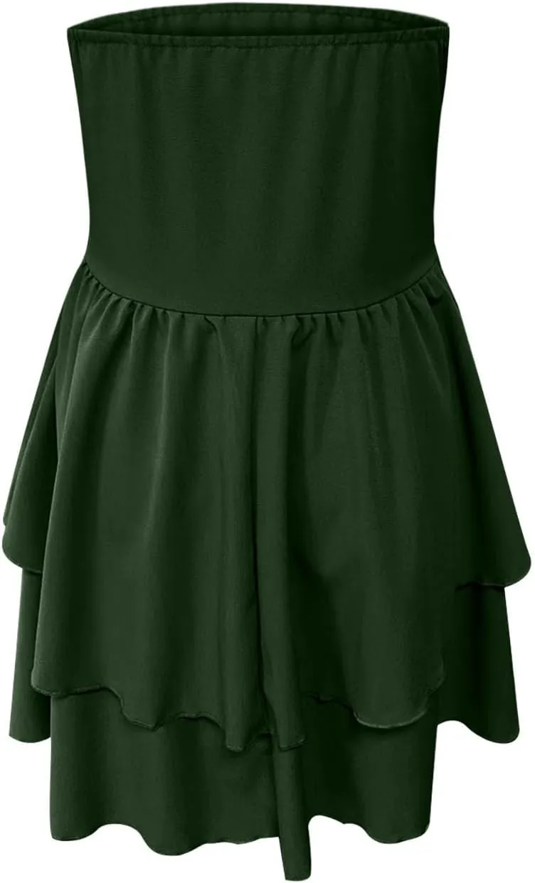 JOAU Women's Sexy Strapless Mini Dress Summer Sleeveless Layered Ruffle A-Line Short Dresses Casual Club Party Tube Top Dress