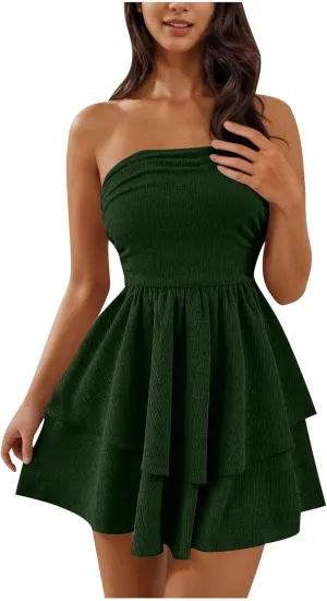 JOAU Women's Sexy Strapless Mini Dress Summer Sleeveless Layered Ruffle A-Line Short Dresses Casual Club Party Tube Top Dress